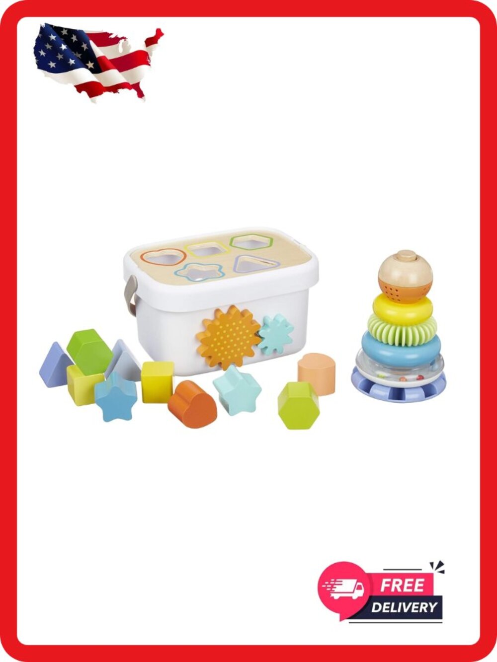 Amazon Basics Wooden Shape Sorter & Rainbow Stacker Toy Set for Babies 12M+